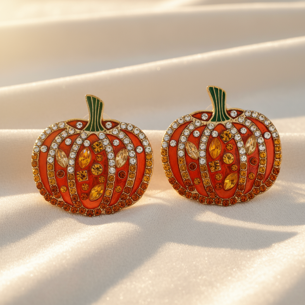 freepik__artistic-shot-of-two-pumpkinshaped-earrings-use-ex__21066 Elegant pumpkin-shaped rhinestone earrings sparkling in warm sunlight, featuring gold, amber, and crystal gemstones on a satin background — a festive statement piece from Olivia’s Boutique.